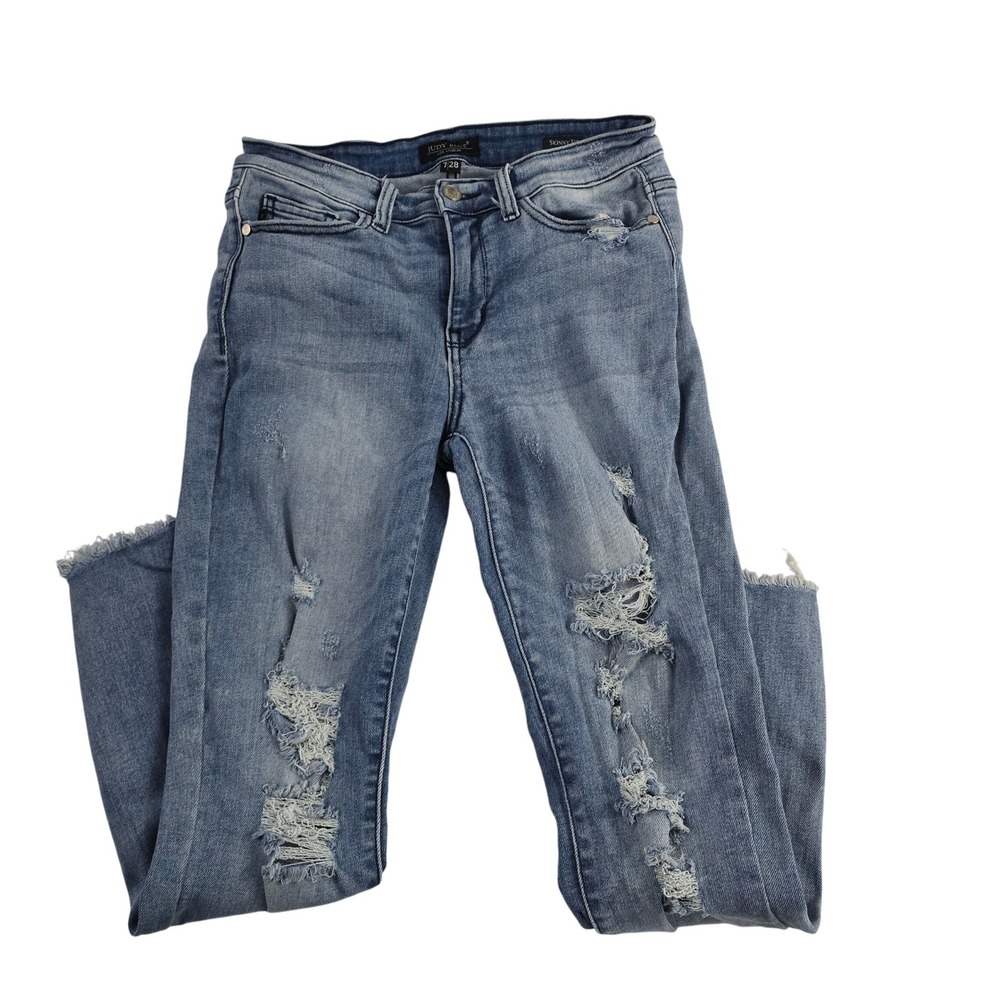 Judy Blue Distressed‎ Skinny Fit Jeans Women's Size 7 28 Frayed Hem Light Wash